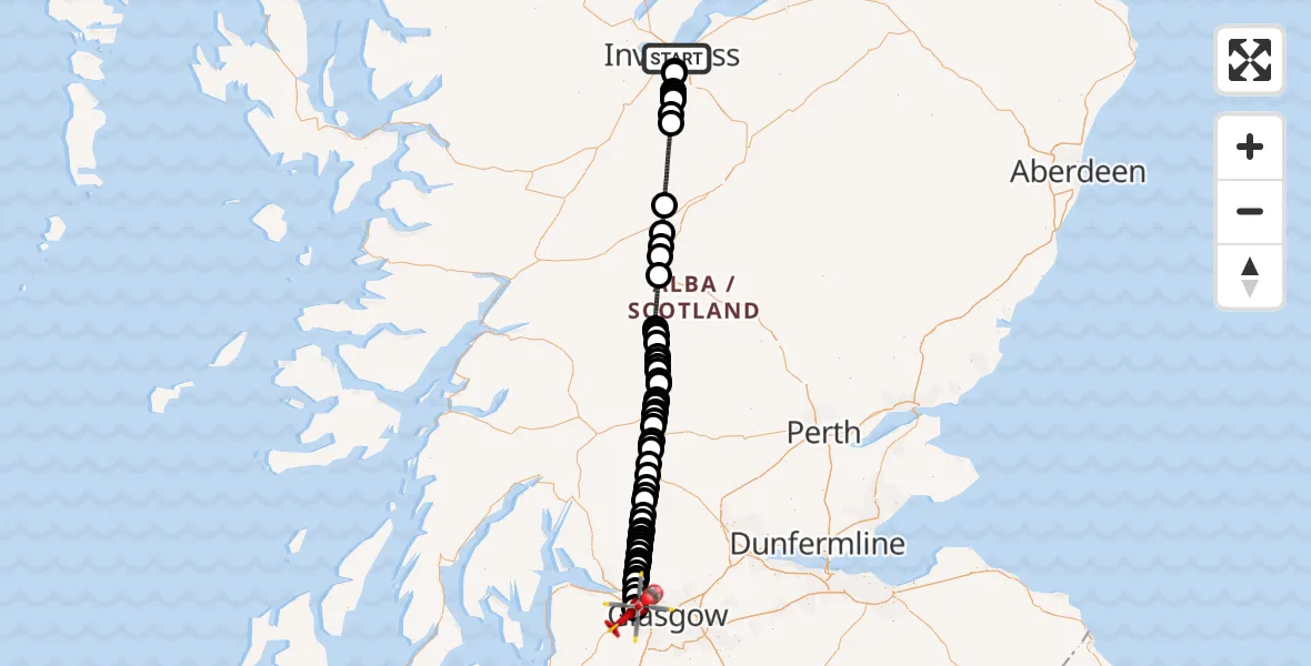 Flight path map showing Air Ambulance Helicopter route from Inverness to Glasgow Airport