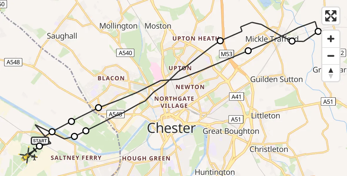 Flight path map showing Police Helicopter route from Hawarden Airport to Hawarden Airport