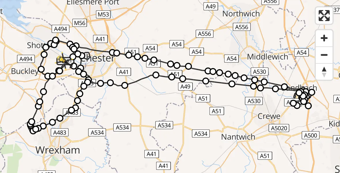 Flight path map showing Police Helicopter route from Hawarden Airport to Hawarden Airport