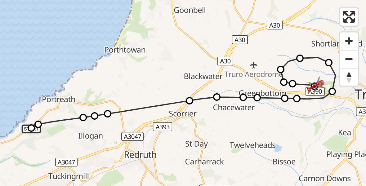 Flight path map showing Air Ambulance Helicopter route from Illogan to Treliske Hospital