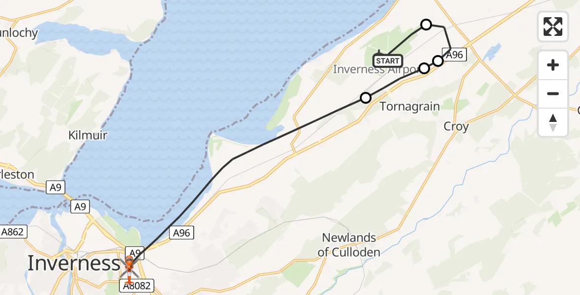 Flight path map showing Coastguard Helicopter route from Inverness Airport to Inverness
