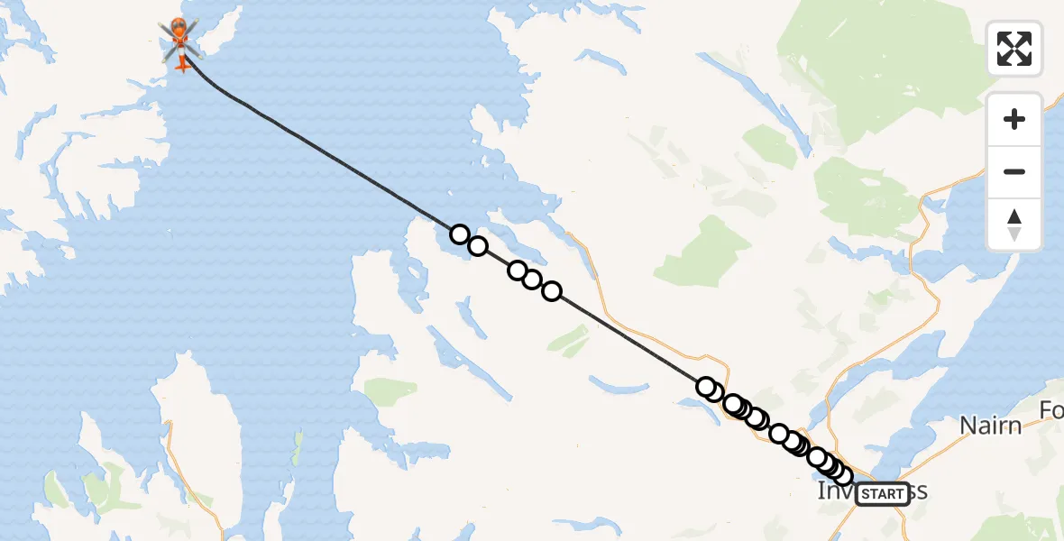 Flight path map showing Coastguard Helicopter route from Inverness to Tolm