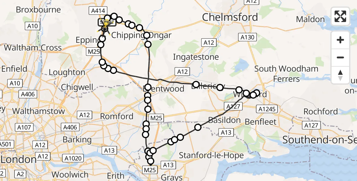 Flight path map showing Police Helicopter route from North Weald Airfield to North Weald Airfield