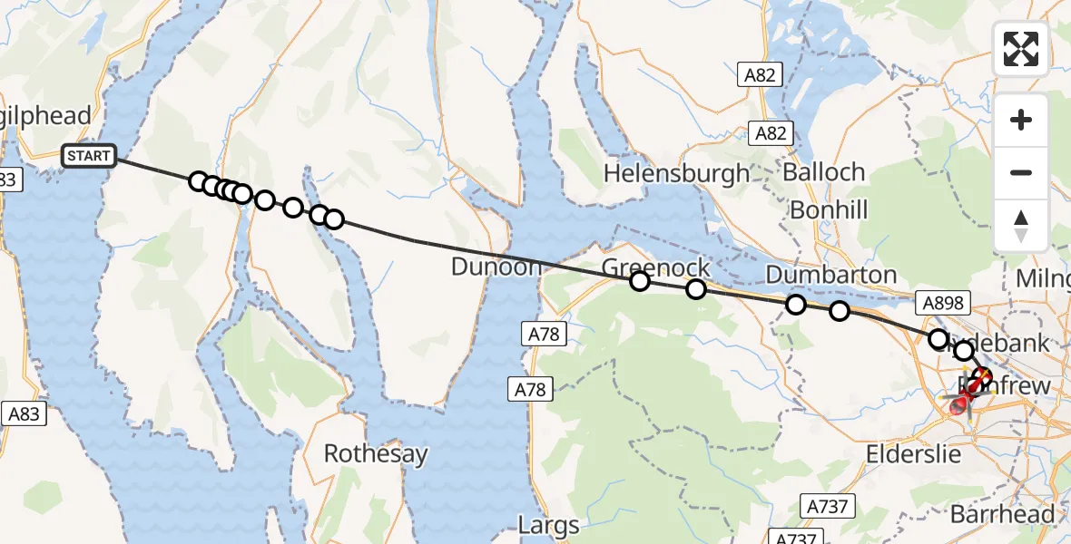 Flight path map showing Air Ambulance Helicopter route from Inner Seas to Glasgow Airport