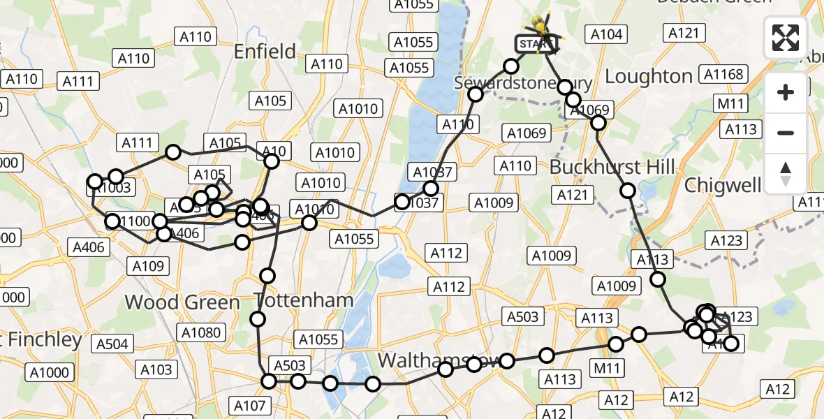 Flight path map showing Police Helicopter route from Metropolitan Police Air Support Unit Lippitts Hill to Sewardstonebury