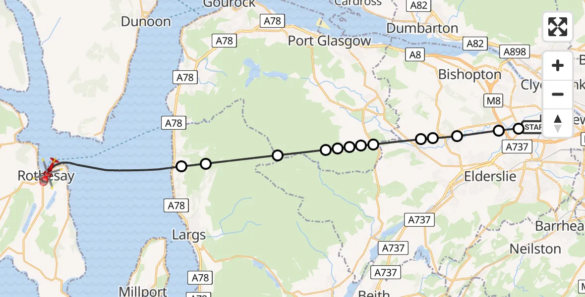 Flight path map showing Air Ambulance Helicopter route from Glasgow Airport to Inner Seas