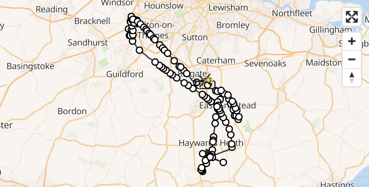 Flight route Police Helicopter Tandridge - Redhill Aerodrome, 19 April 2026, 23:35