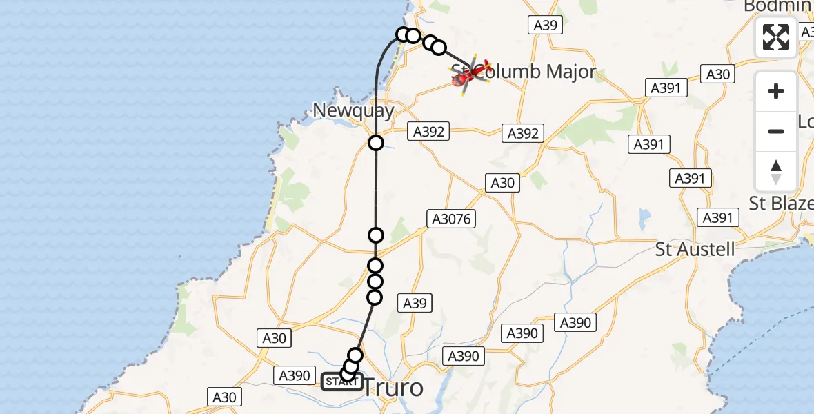 Flight path map showing Air Ambulance Helicopter route from Treliske Hospital to Cornwall Airport Newquay