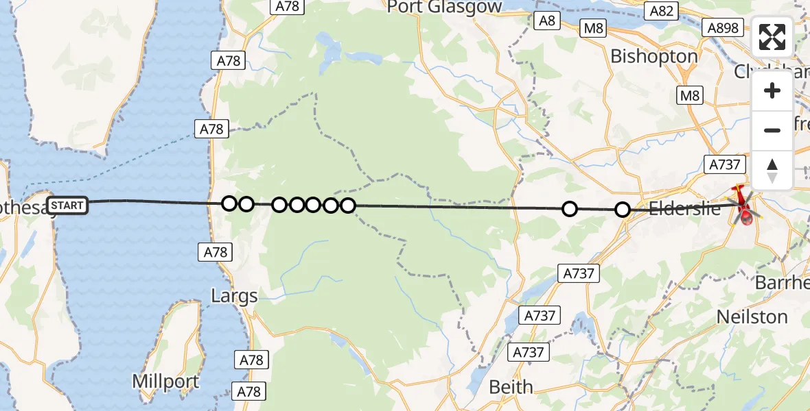 Flight path map showing Air Ambulance Helicopter route from Inner Seas to Royal Alexandria Hospital Paisley