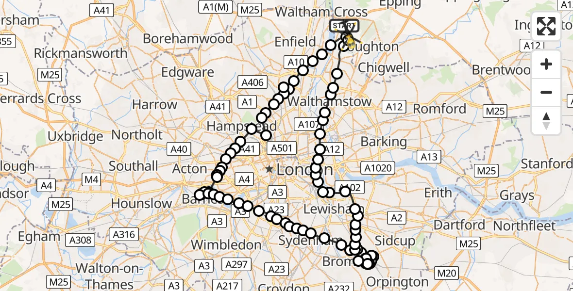 Flight path map showing Police Helicopter route from Epping Forest to Sewardstonebury