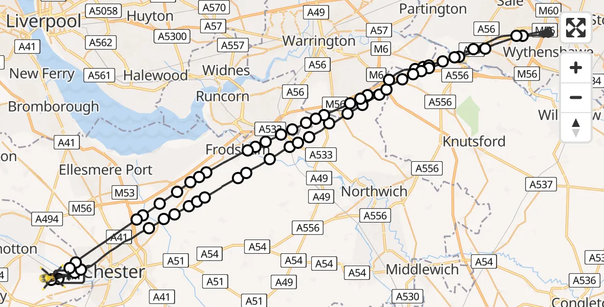 Flight path map showing Police Helicopter route from Saltney Ferry to Hawarden Airport