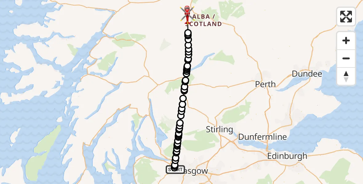 Flight path map showing Air Ambulance Helicopter route from Glasgow Airport to Perth and Kinross