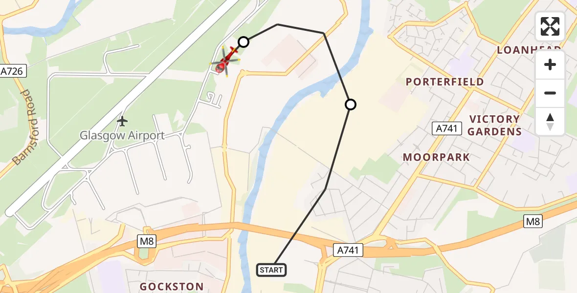 Flight path map showing Air Ambulance Helicopter route from Paisley to Glasgow Airport