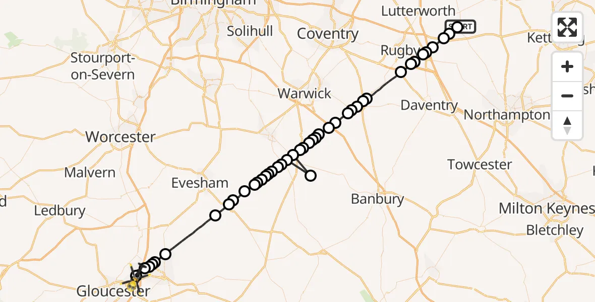 Flight path map showing Police Helicopter route from Husbands Bosworth to Gloucestershire Airport