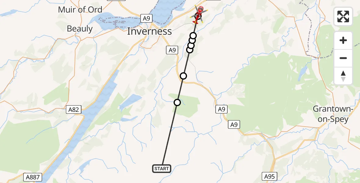 Flight path map showing Air Ambulance Helicopter route from Highland to Inverness