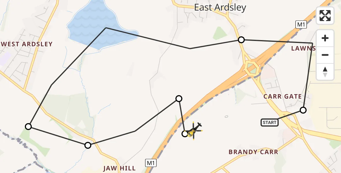 Flight path map showing Police Helicopter route from Wrenthorpe to Wrenthorpe