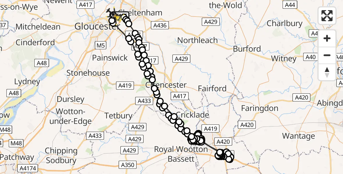 Flight path map showing Police Helicopter route from Tewkesbury to Gloucestershire Airport