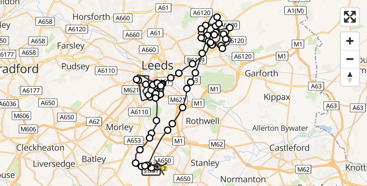 Flight path map showing Police Helicopter route from East Ardsley to Wrenthorpe