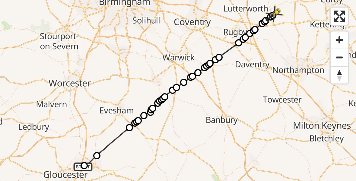 Flight path map showing Police Helicopter route from Tewkesbury to Harborough