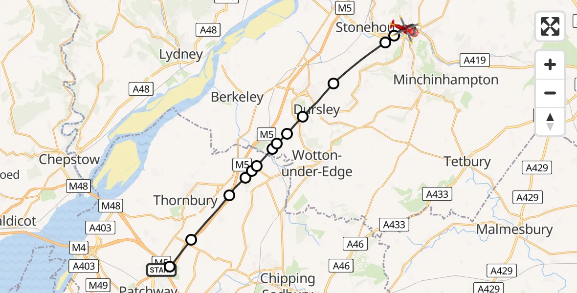 Flight path map showing Air Ambulance Helicopter route from Almondsbury Helicopter Base to Stroud
