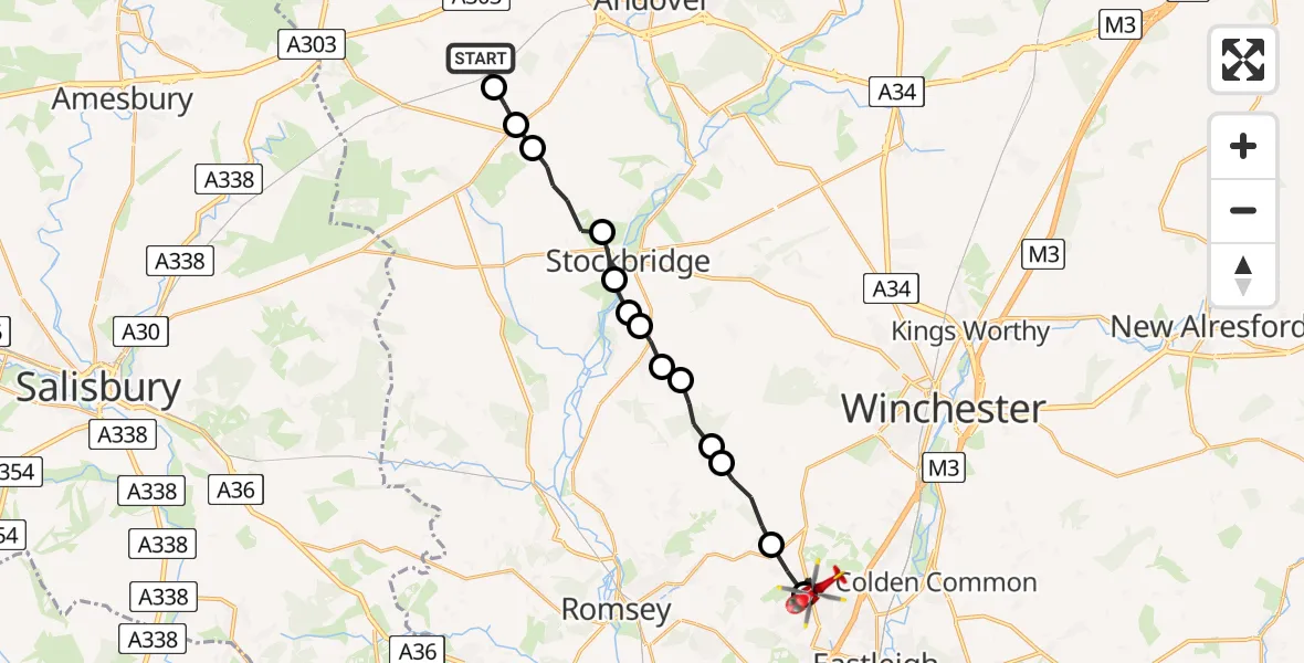 Flight path map showing Air Ambulance Helicopter route from Amport to Chandler's Ford
