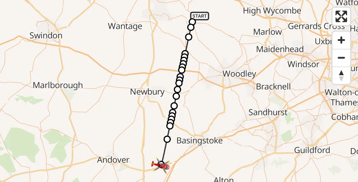 Flight path map showing Air Ambulance Helicopter route from RAF Benson to Micheldever