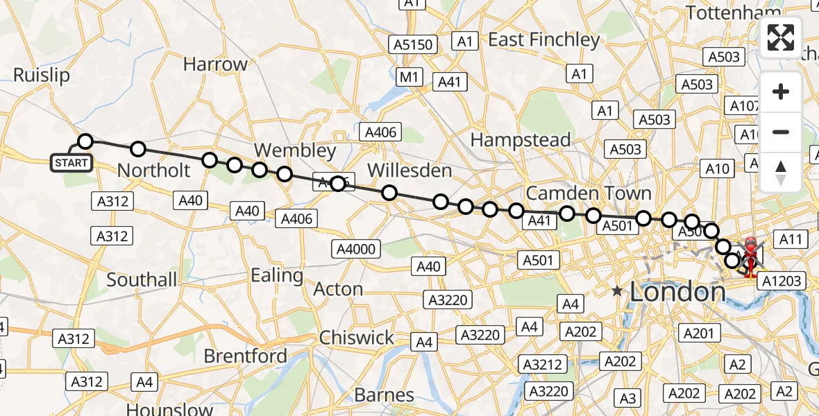Flight route Air Ambulance Helicopter RAF Northolt - Royal London Hospital, 20 April 2026, 07:11