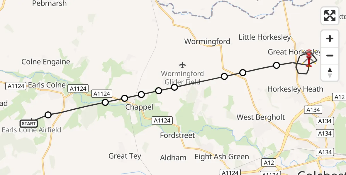 Flight route Air Ambulance Helicopter Earls Colne Airfield - Great Horkesley, 20 April 2026, 07:21
