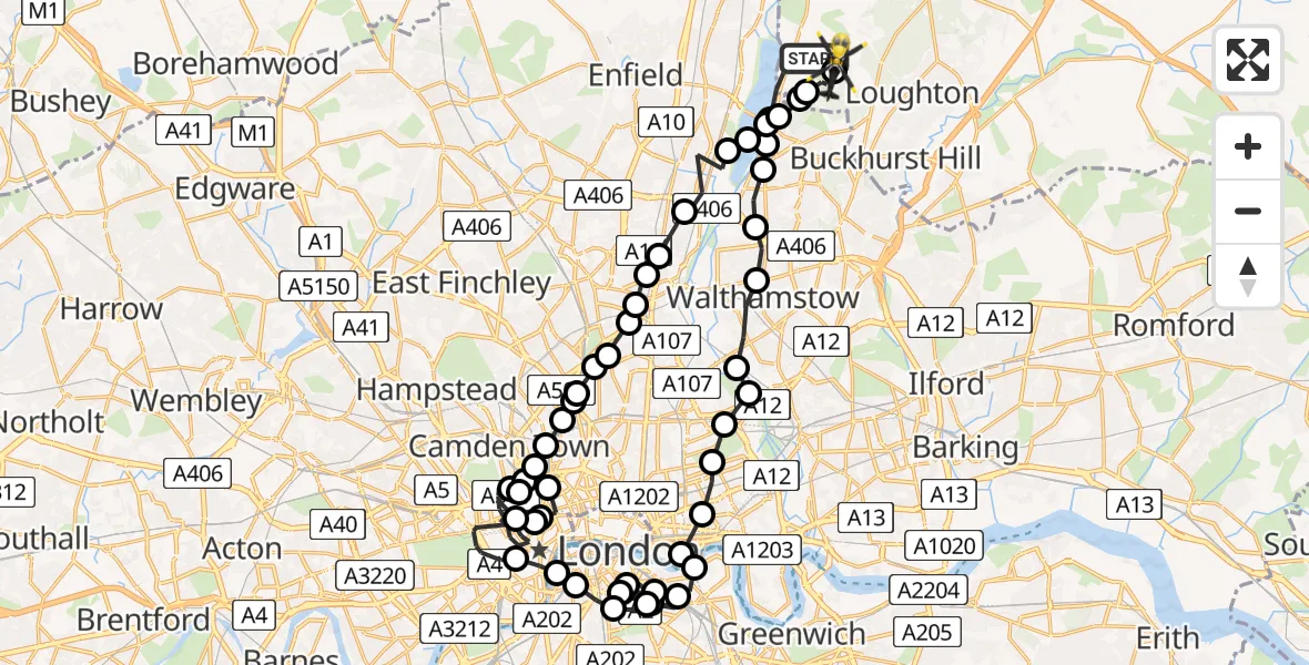 Flight path map showing Police Helicopter route from Sewardstonebury to Metropolitan Police Air Support Unit Lippitts Hill