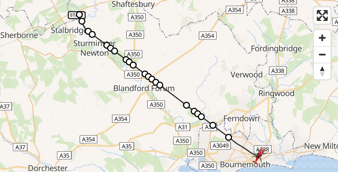 Flight path map showing Air Ambulance Helicopter route from Henstridge Airfield to Bournemouth