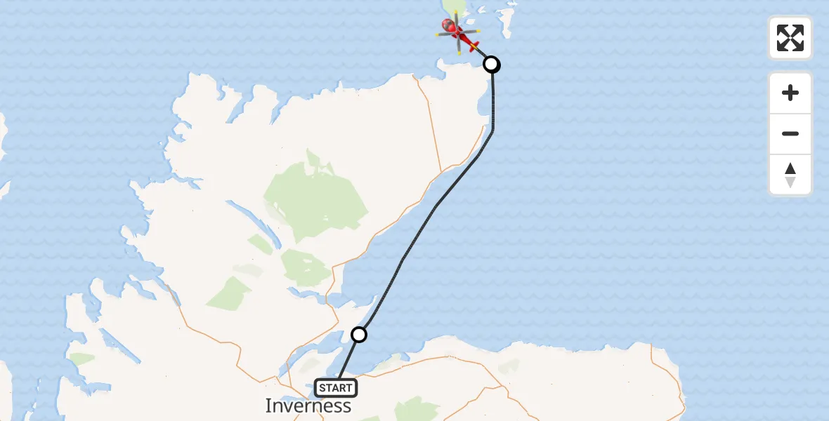 Flight route Air Ambulance Helicopter Inverness Airport - North Atlantic Ocean, 20 April 2026, 07:29