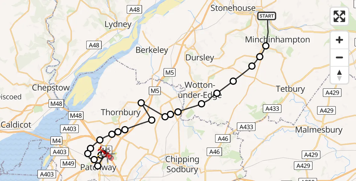 Flight path map showing Air Ambulance Helicopter route from Stroud to Almondsbury Helicopter Base