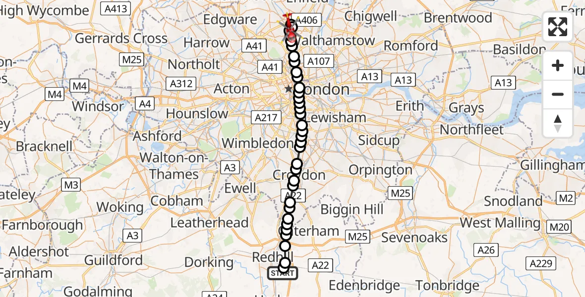 Flight route Air Ambulance Helicopter Redhill Aerodrome - Muswell Hill, 20 April 2026, 07:48