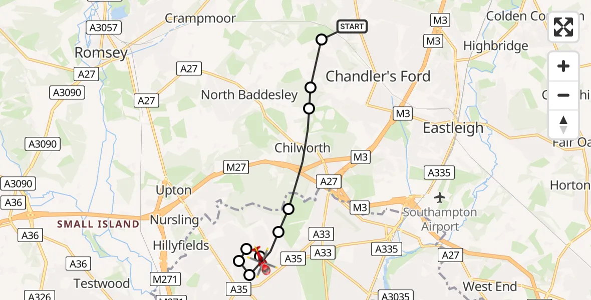 Flight route Air Ambulance Helicopter Chandler's Ford - University Hospital Southampton, 20 April 2026, 08:02