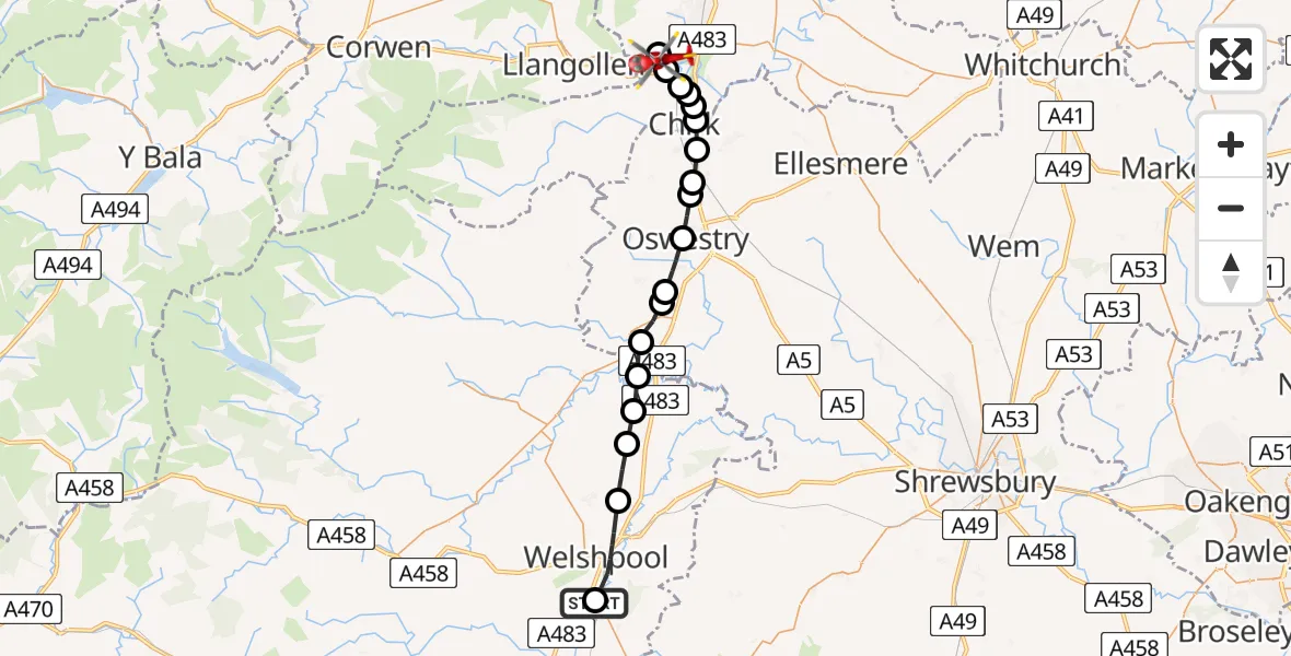 Flight route Air Ambulance Helicopter Welshpool Airport - Cefn Mawr, 20 April 2026, 08:07