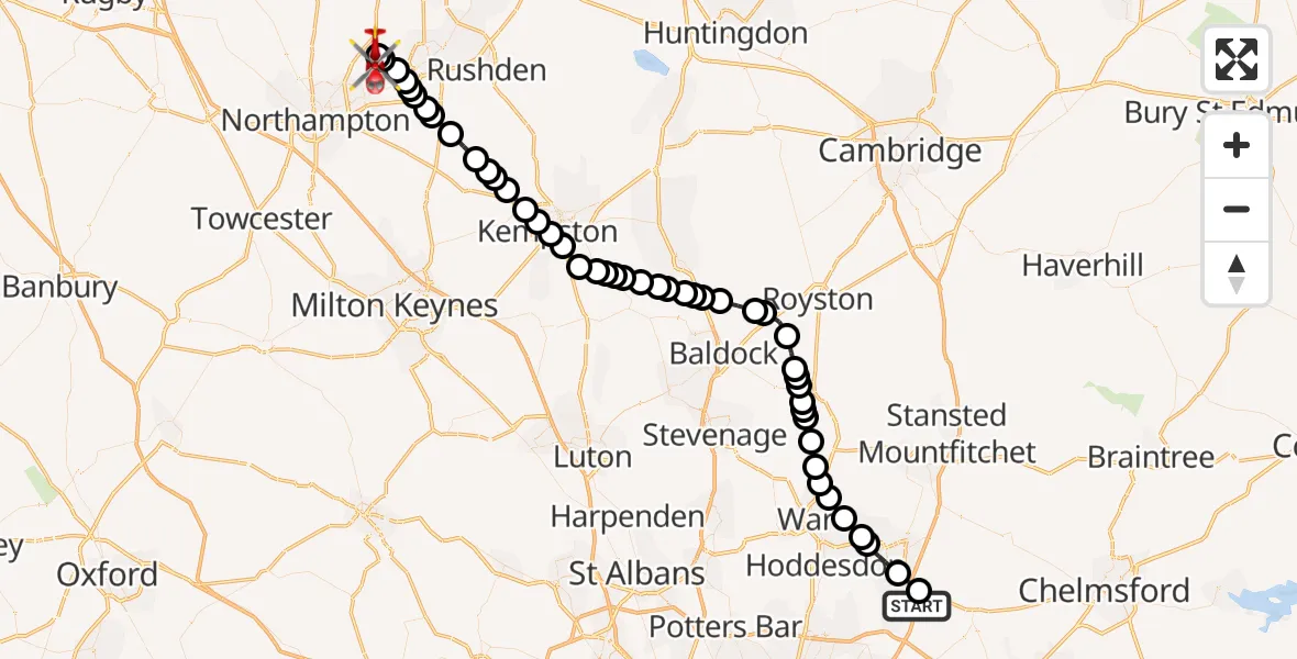Flight route Air Ambulance Helicopter North Weald Airfield - Sywell Aerodrome, 20 April 2026, 08:10