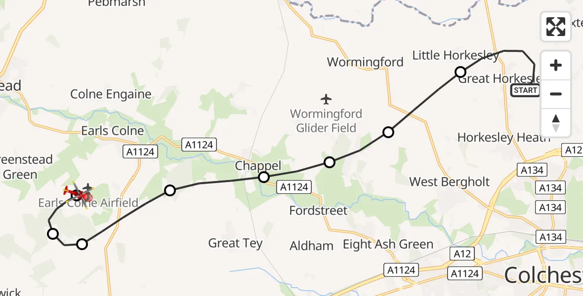 Flight route Air Ambulance Helicopter Great Horkesley - Earls Colne Airfield, 20 April 2026, 08:12