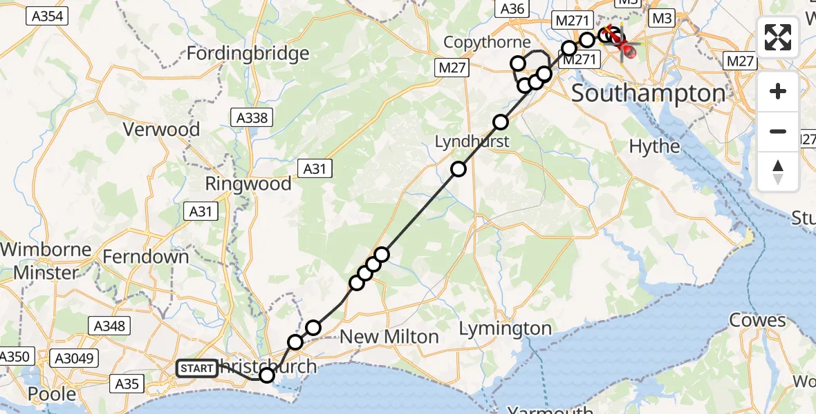 Flight path map showing Air Ambulance Helicopter route from Bournemouth to University Hospital Southampton