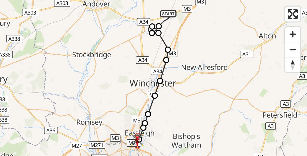 Flight path map showing Air Ambulance Helicopter route from Micheldever to Southampton Airport