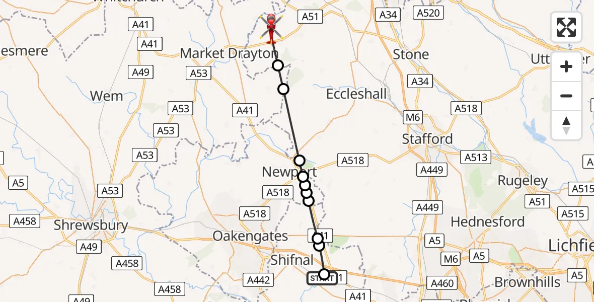 Flight path map showing Air Ambulance Helicopter route from RAF Cosford to Newcastle-under-Lyme