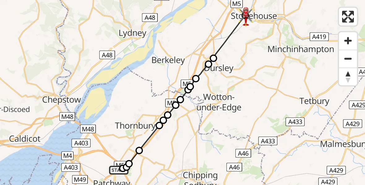 Flight route Air Ambulance Helicopter Almondsbury Helicopter Base - Stonehouse, 20 April 2026, 08:33