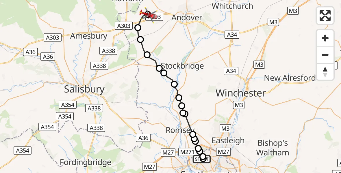Flight route Air Ambulance Helicopter University Hospital Southampton - Thruxton Aerodrome, 20 April 2026, 08:33