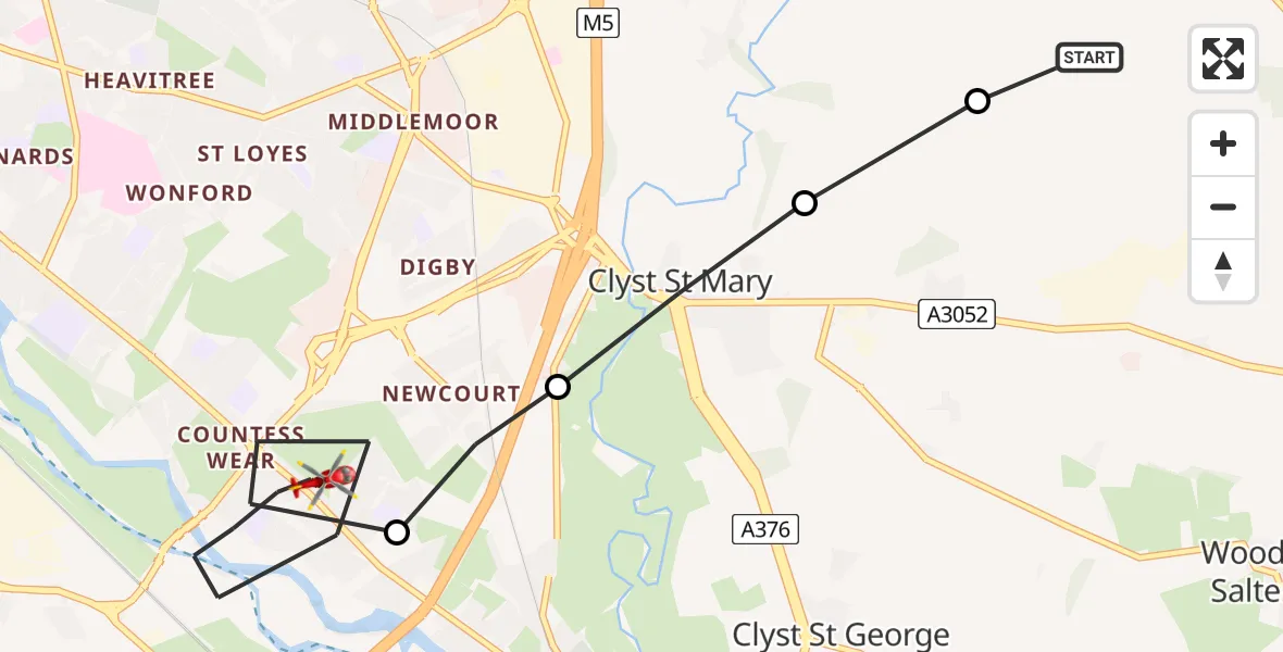 Flight path map showing Air Ambulance Helicopter route from East Devon to Topsham