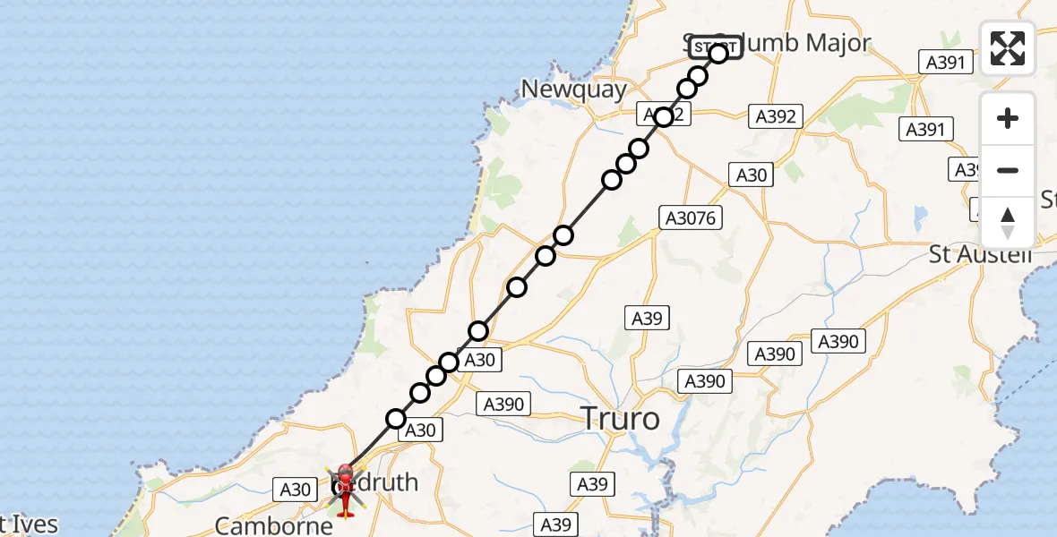 Flight route Air Ambulance Helicopter Cornwall Airport Newquay - Illogan Highway, 20 April 2026, 08:40