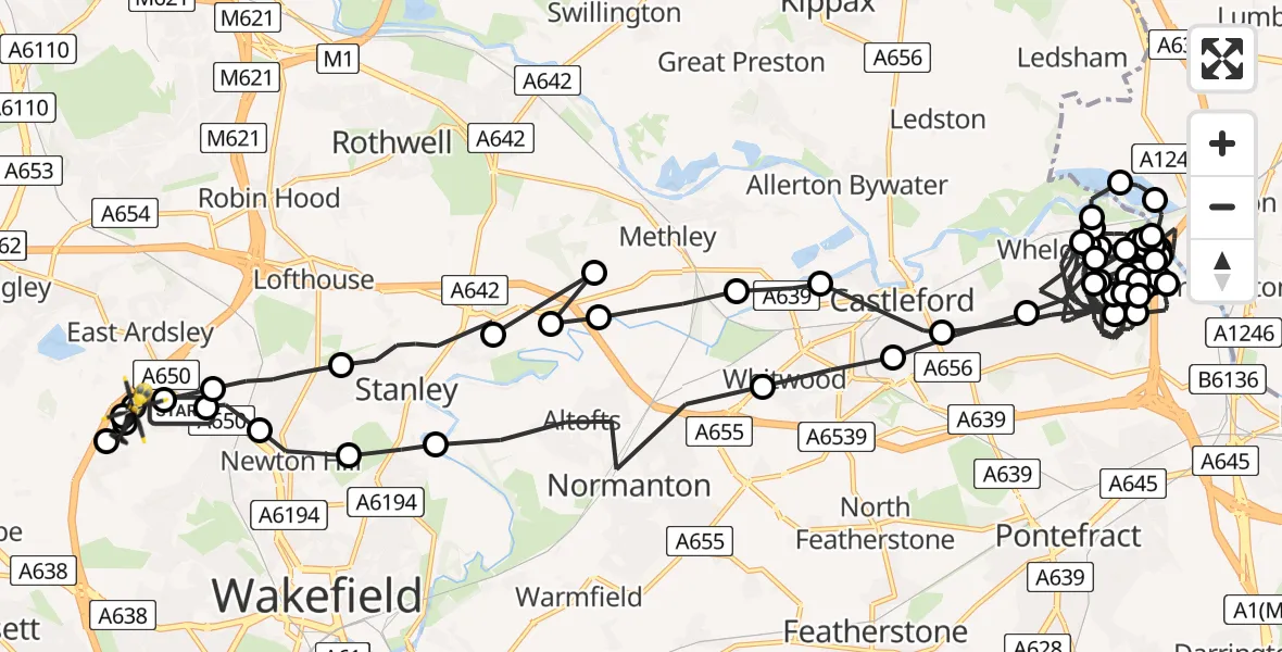 Flight path map showing Police Helicopter route from Wrenthorpe to Wrenthorpe