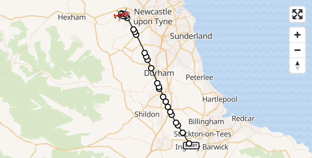 Flight path map showing Air Ambulance Helicopter route from Egglescliffe to Wylam