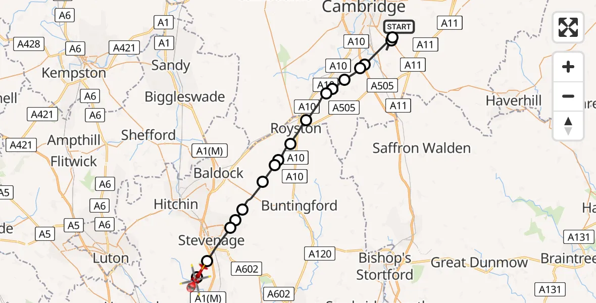 Flight path map showing Air Ambulance Helicopter route from Fulbourn to Codicote