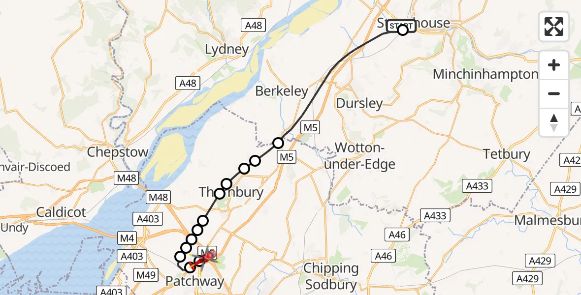 Flight route Air Ambulance Helicopter Stonehouse - Almondsbury Helicopter Base, 20 April 2026, 09:05