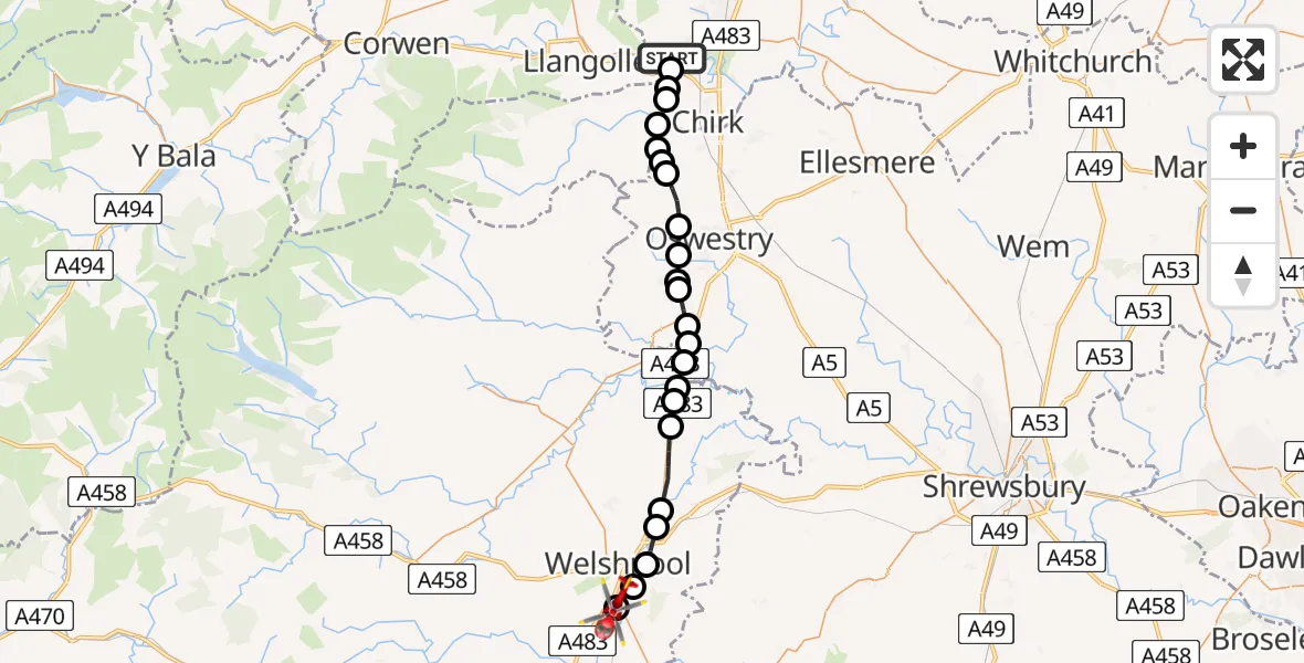 Flight route Air Ambulance Helicopter Pontcysyllte - Welshpool Airport, 20 April 2026, 09:09