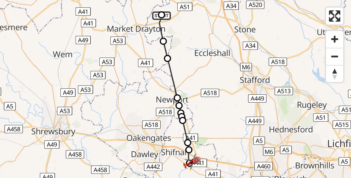 Flight path map showing Air Ambulance Helicopter route from Newcastle-under-Lyme to Cosford